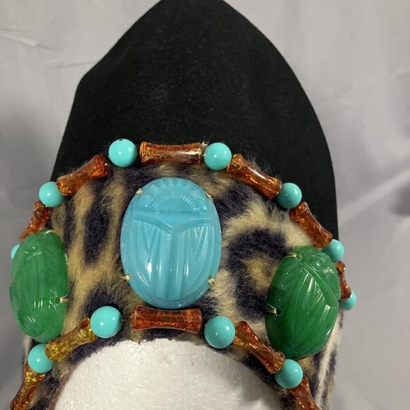 Egyptian Scarab Hat Headdress Fitted Womens Leopard Print Beaded Turquoise Black - Picture 3 of 16